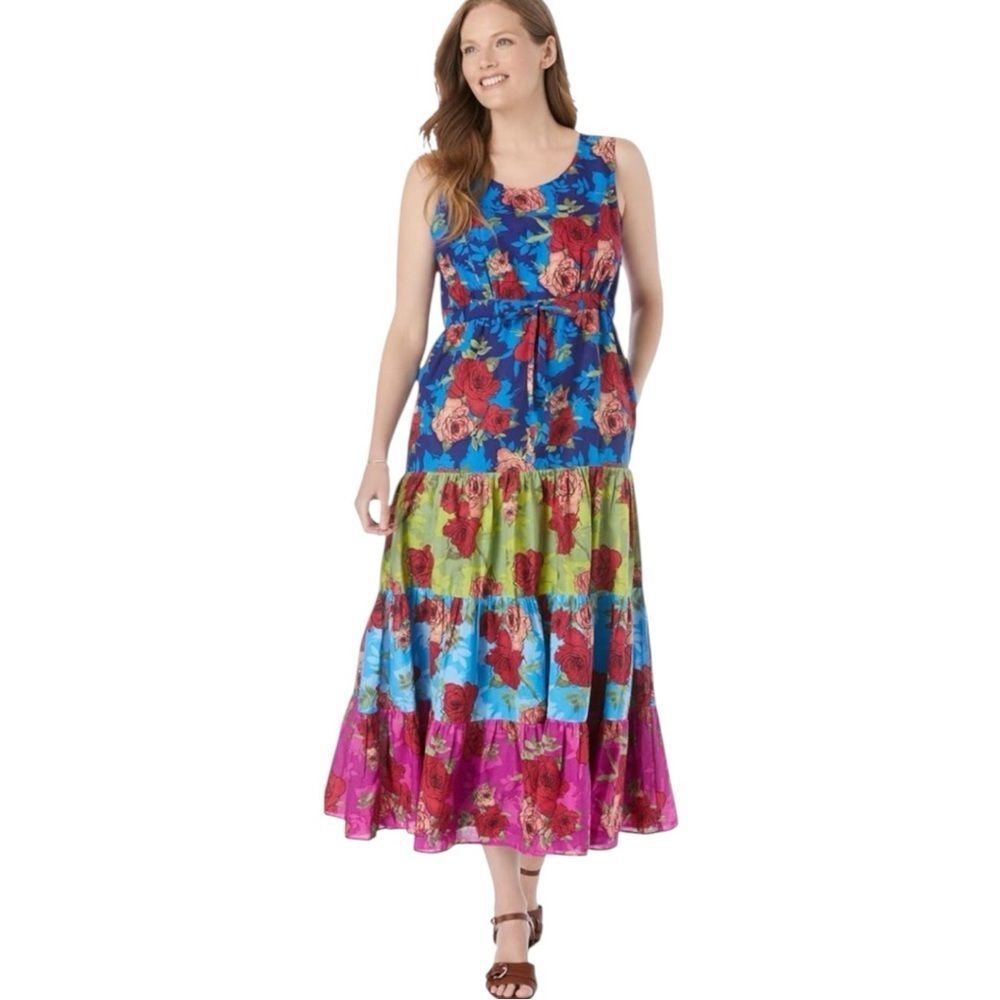 Woman Within Sleeveless Floral Tiered Cotton Maxi Dress in Blue/Pink Plus 14W